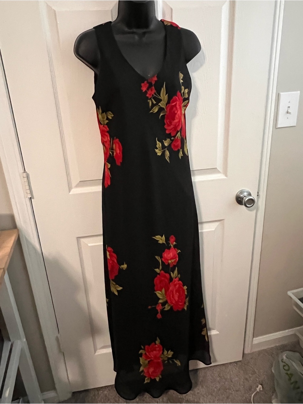 Vintage Black Floral Maxi Dress with Red Rose Print